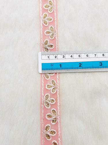 Wholesale Peach Net Lace Floral Embroidery & Glitter Gold Sequins, Indian Wedding Border, Gifting Ribbon Costume Trim Fashion Trimming